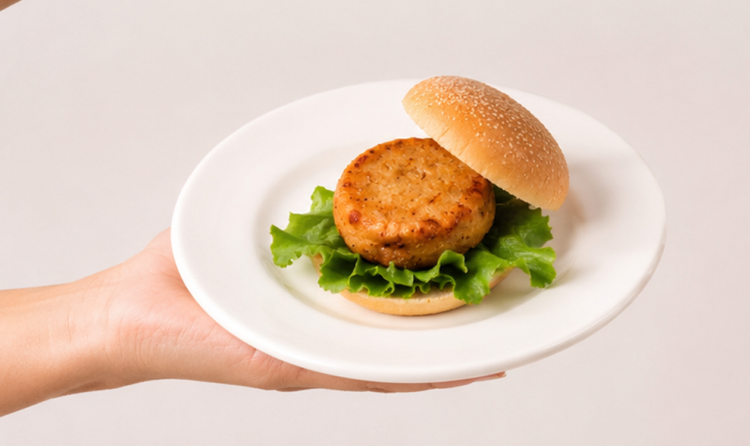 A hand holding a Momzii paneer patty burger